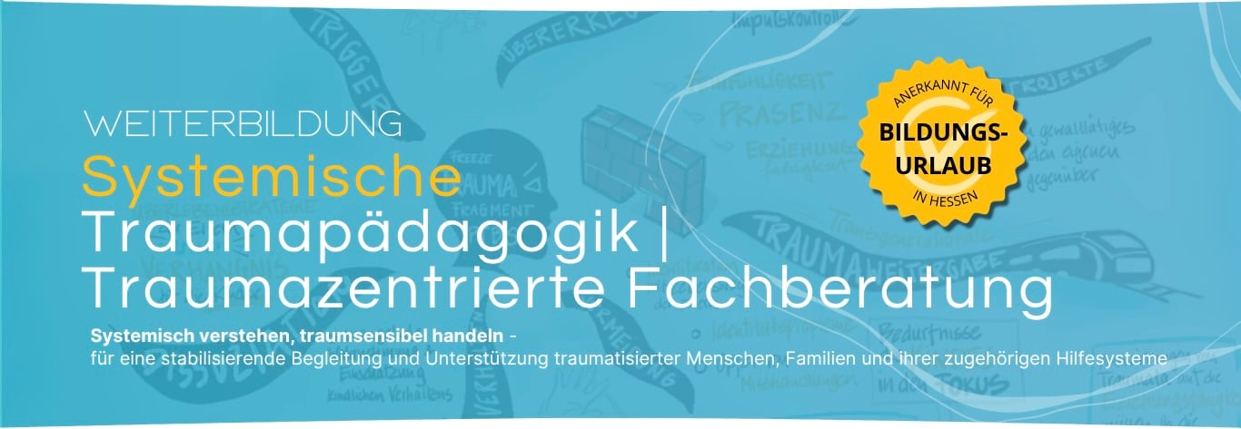 Weiterbildung systemische Traumapädagogik und traumazentrierte Fachberatung in Frankfurt, zertifiziert durch die DeGPT/FVTP, Bild mit Slogan und Graphic Recording